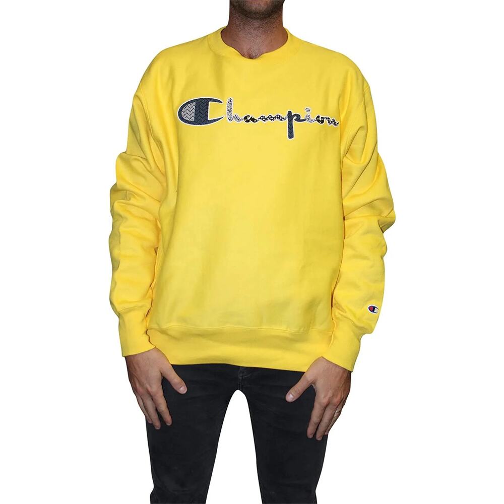 Champion Reverse Weave Sweatshirt Yellow‎ Large Beaded Blue Appliqué Logo Cotton